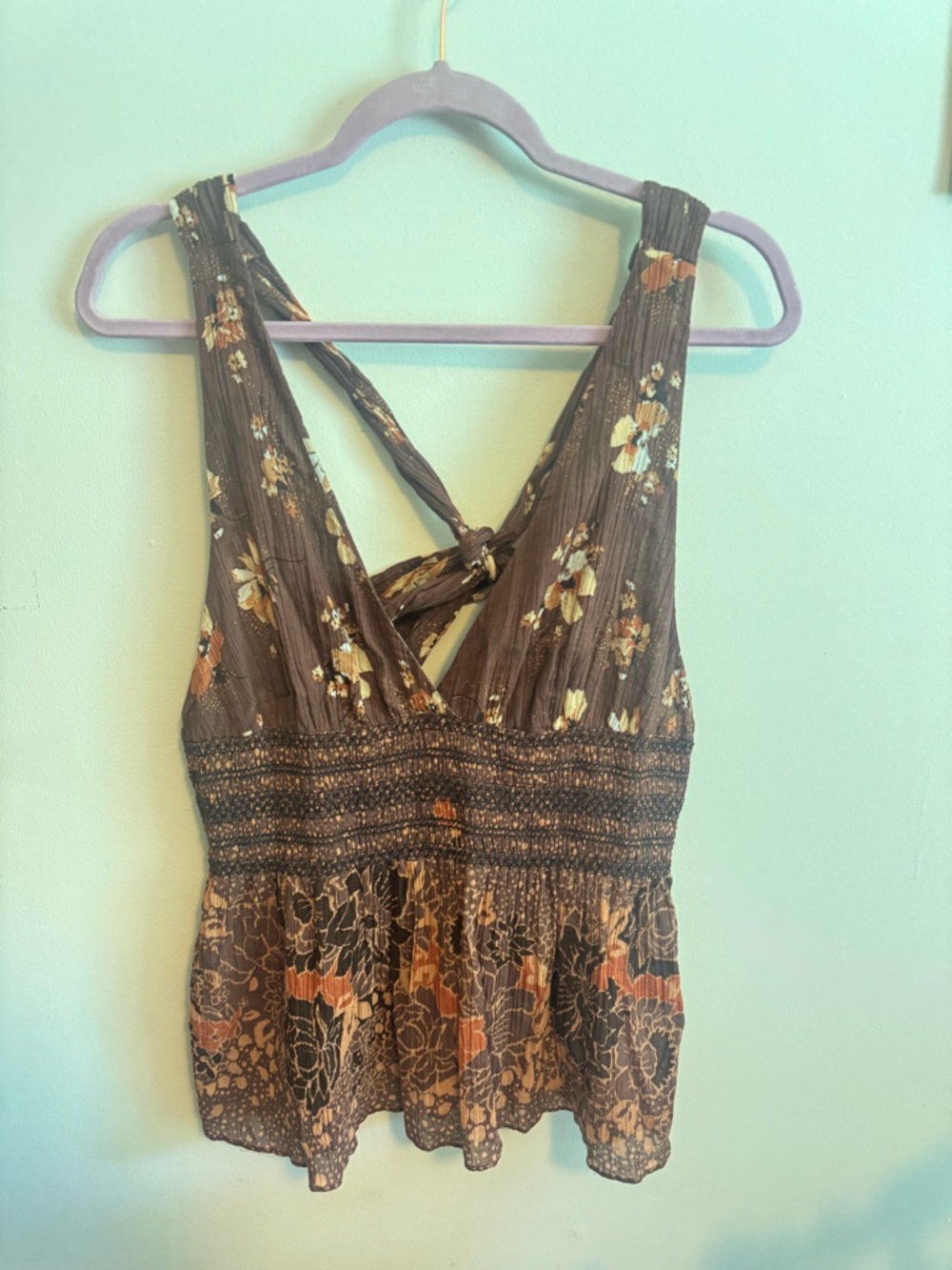 Brown Floral Smocked Peplum Tank Top